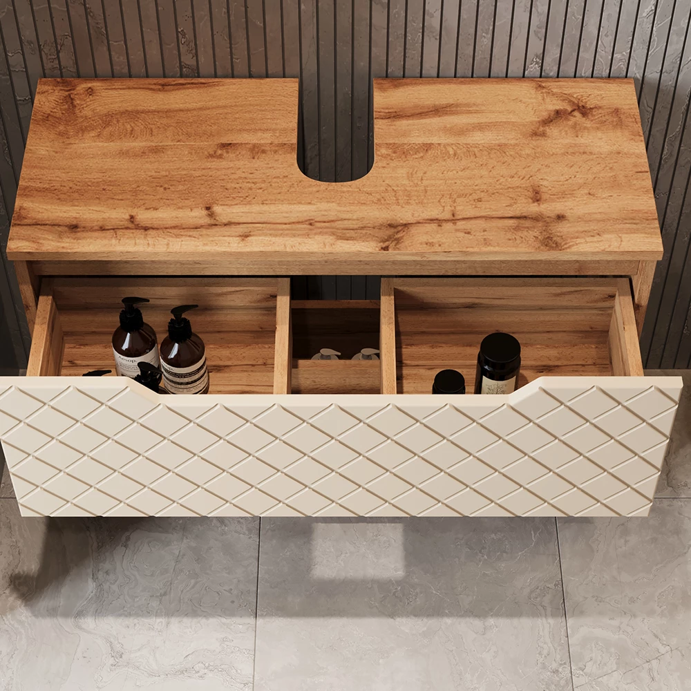 Gros plan de Meuble sous vasque simple en Cachemire, montrant la texture/les détails