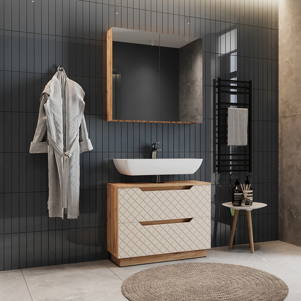 Close-up of Badkamermeubelset in Eiken/kasjmier met tegelstructuur, showing design and surface details