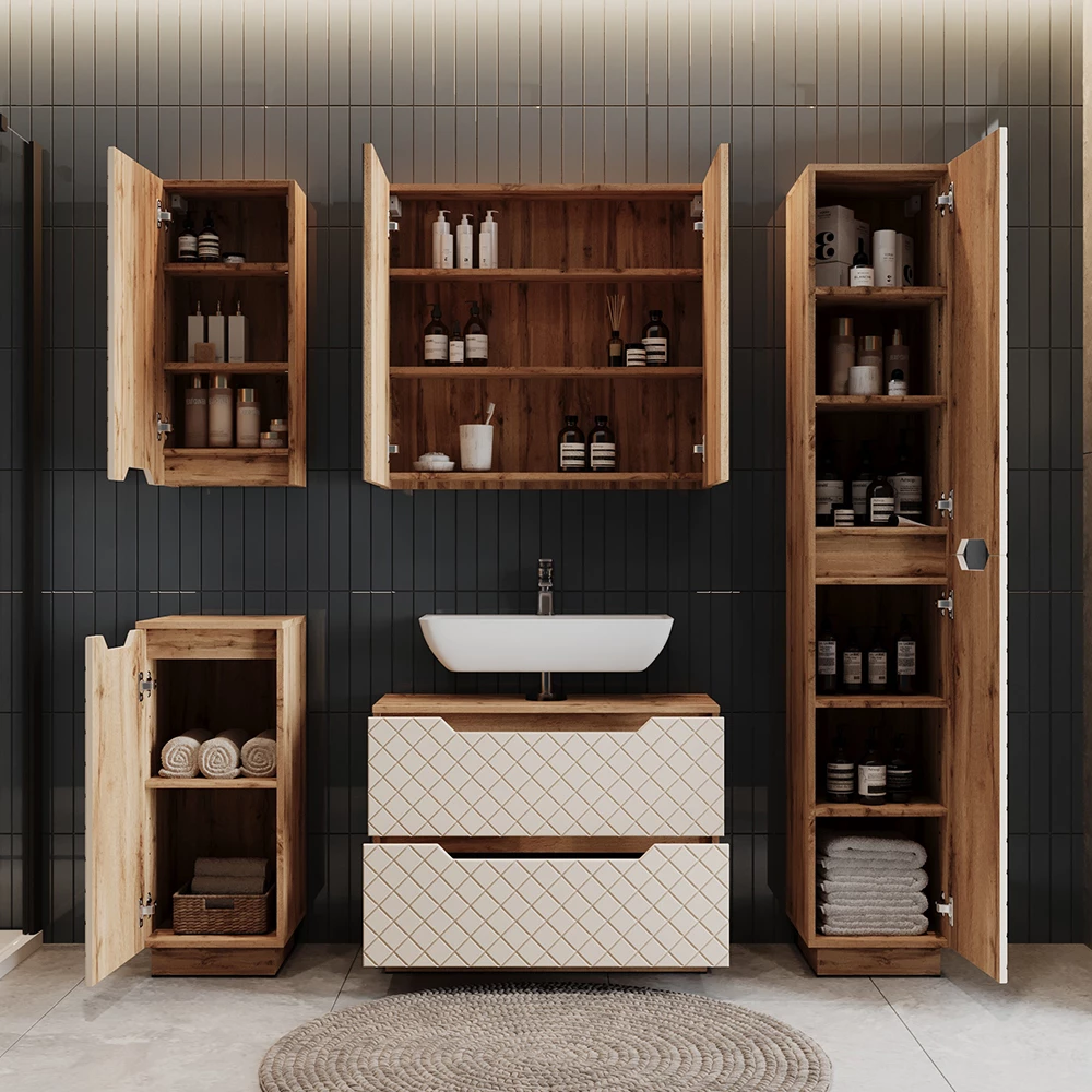 Badkamermeubelset Lotta Eiken/kasjmier met tegelstructuur 2 delen Vicco