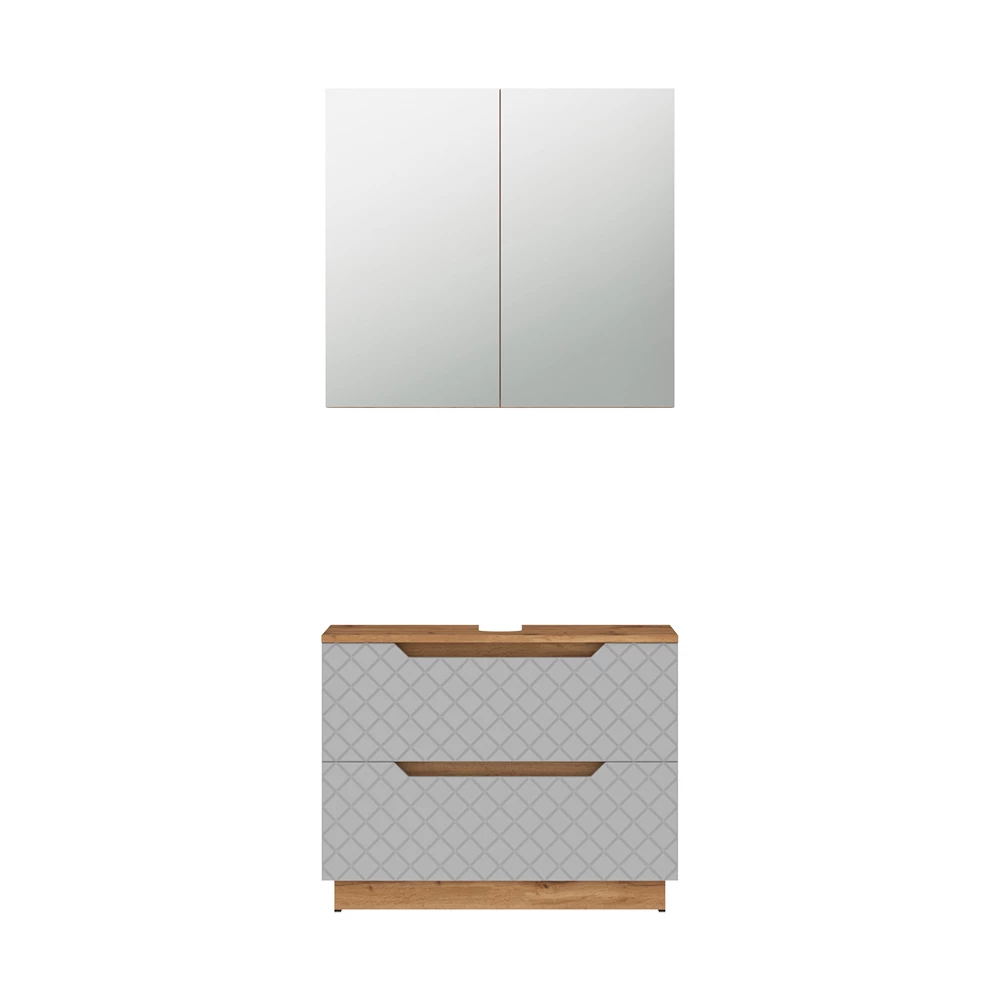Badkamermeubelset in Eiken/grijs met tegelstructuur on white background