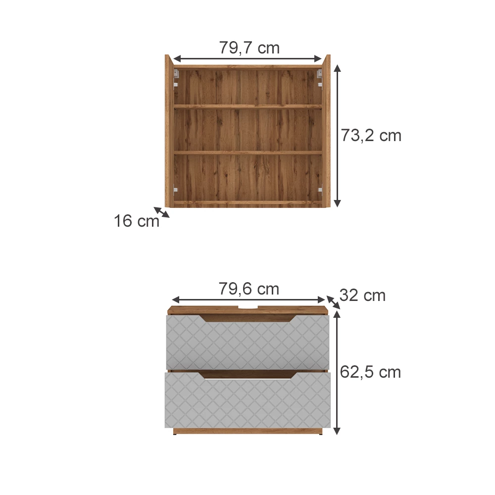 Badkamermeubelset in Eiken/grijs met tegelstructuur on white background