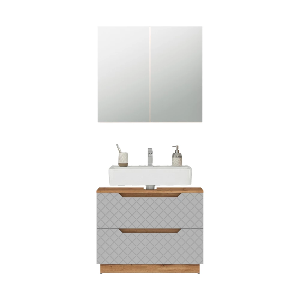 Badkamermeubelset in Eiken/grijs met tegelstructuur on white background with decorative elements