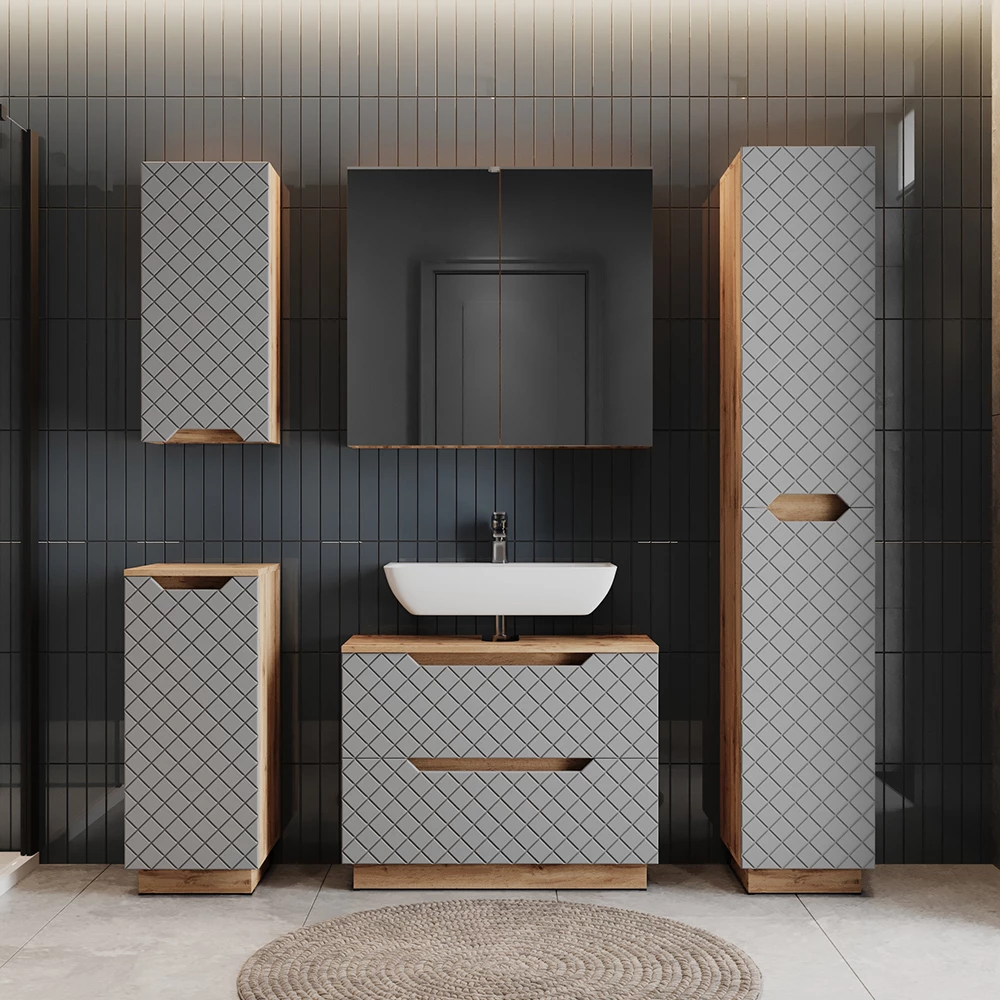 Mobile sottolavabo per bagno Lotta Rovere/grigio con struttura in piastrelle 79.6 x 62.5 cm con 2 cassetti Vicco