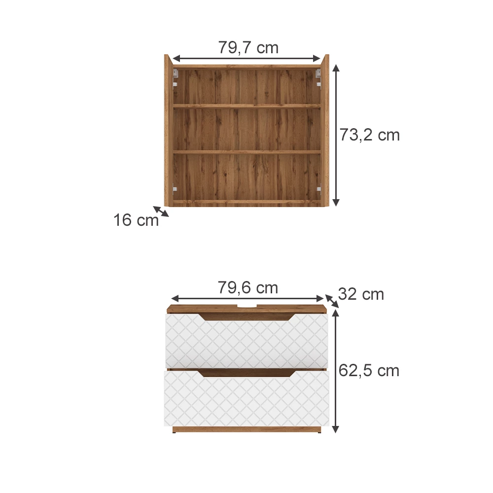 Badkamermeubelset in Eiken/wit met tegelstructuur on white background with visible dimensions
