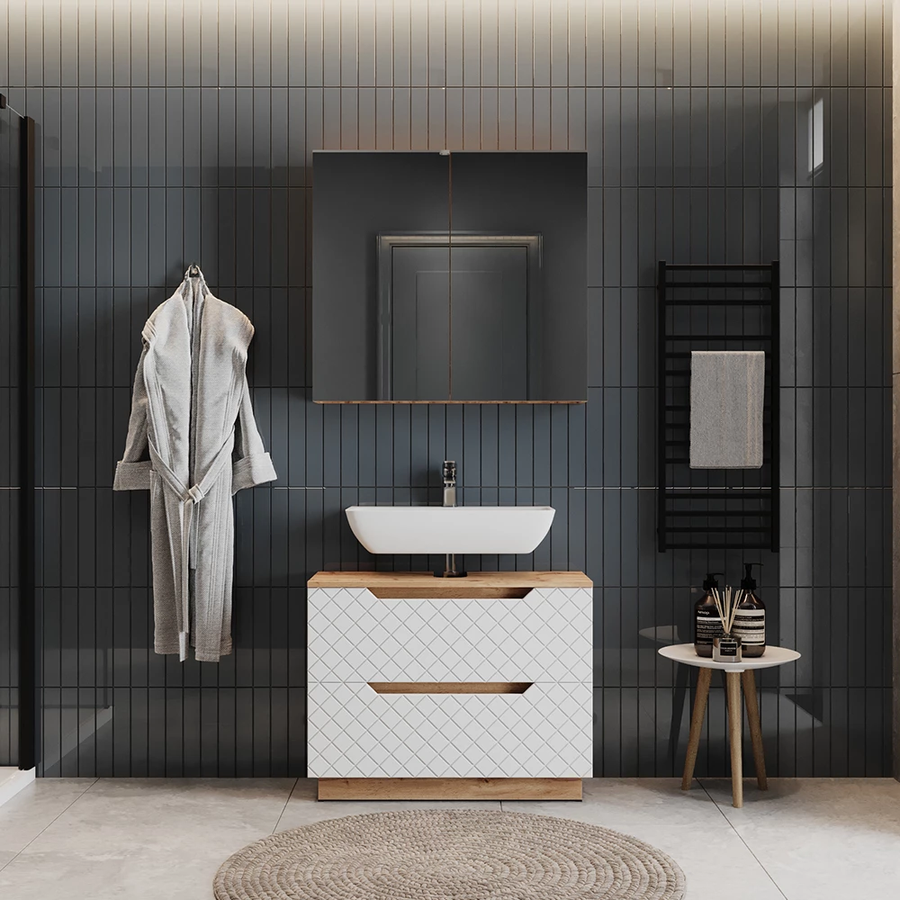 Badkamermeubelset in Eiken/wit met tegelstructuur shown in ambient setting with decoration