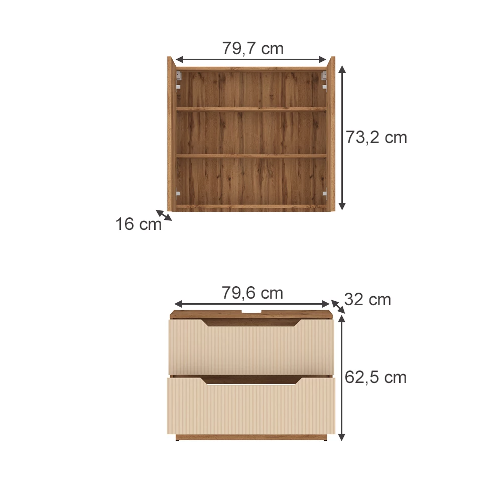 Badkamermeubelset in Eiken/kasjmier gestreept on white background with visible dimensions
