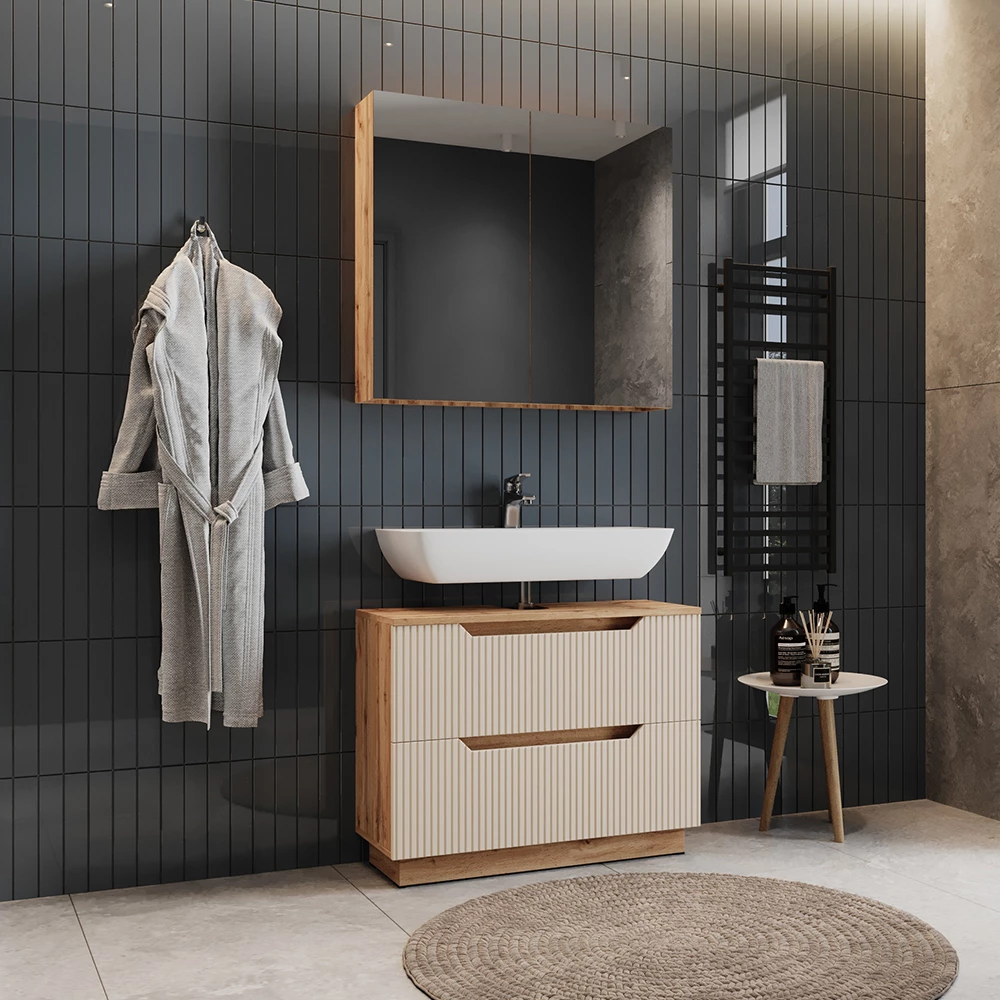 Close-up of Badkamermeubelset in Eiken/kasjmier gestreept, showing design and surface details