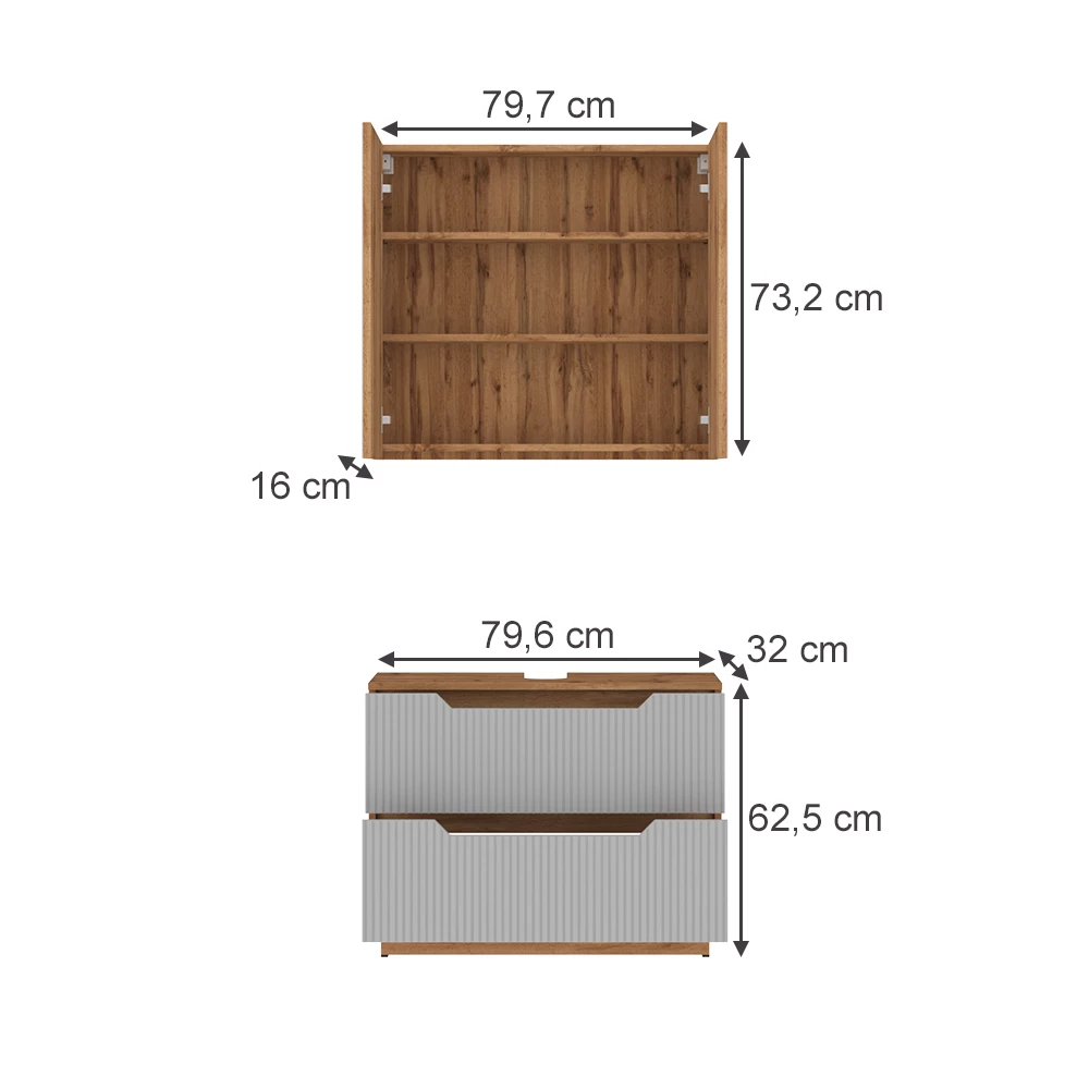 Badkamermeubelset in Eiken/grijs gestreept on white background with visible dimensions