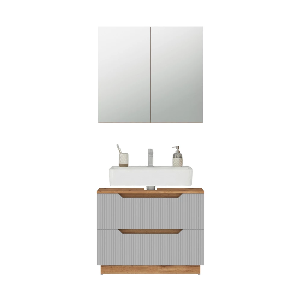 Badkamermeubelset in Eiken/grijs gestreept on white background with decorative elements