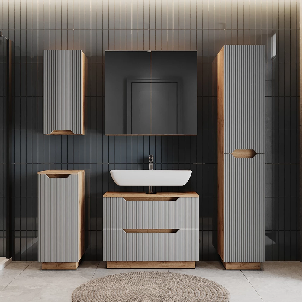 Badmöbel-Set Lotta Eiche/grau gestreift 4 Teile Vicco