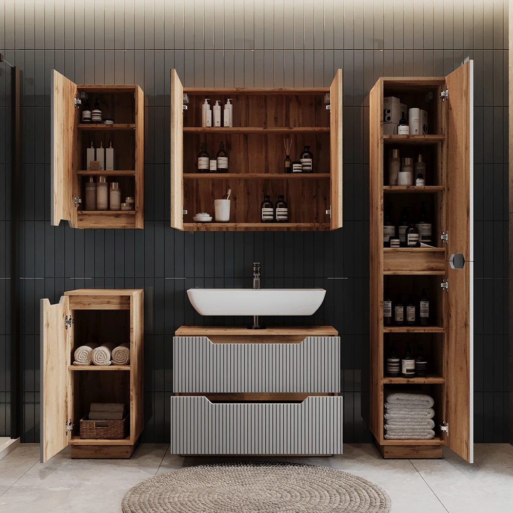 Badmöbel-Set Lotta Eiche/grau gestreift 4 Teile Vicco