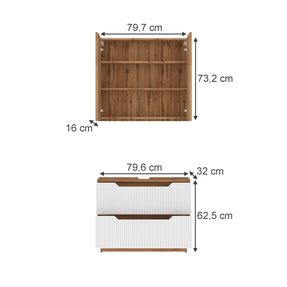 Badmöbel-Set in Eiche/weiß gestreift auf weißem Hintergrund mit sichtbaren Maßen
