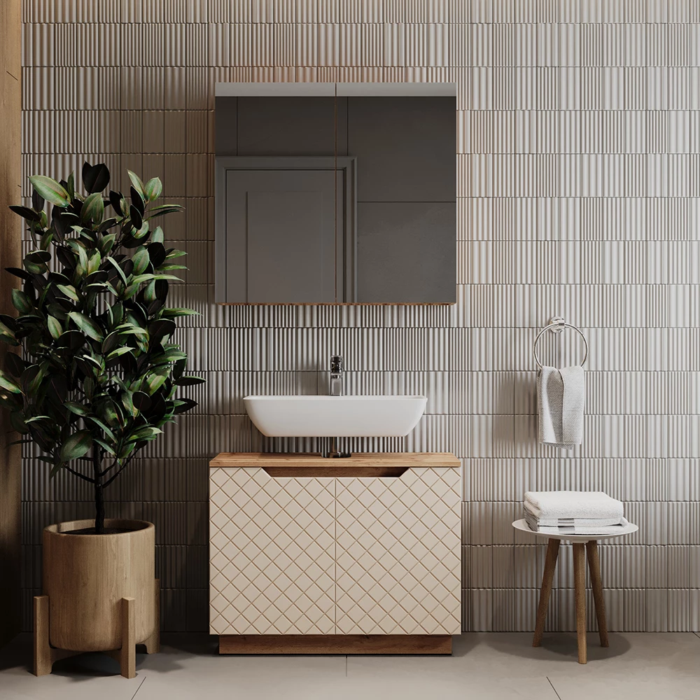 Badkamermeubelset in Eiken/kasjmier met tegelstructuur shown in ambient setting with decoration