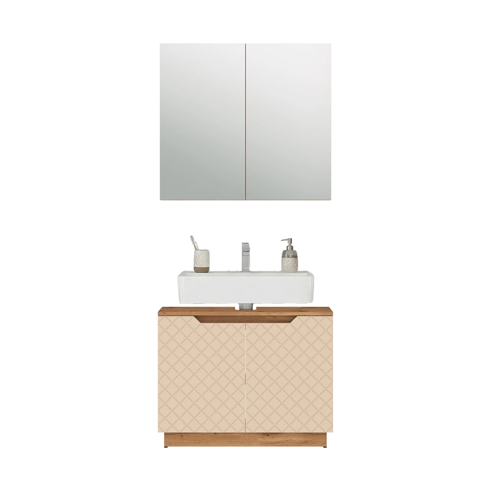 Badkamermeubelset in Eiken/kasjmier met tegelstructuur on white background with decorative elements