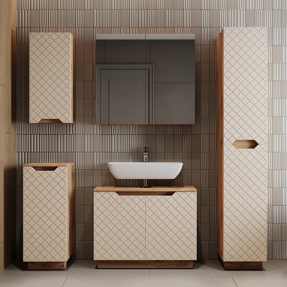 Badkamermeubelset Lotta Eiken/kasjmier met tegelstructuur 3 delen Vicco