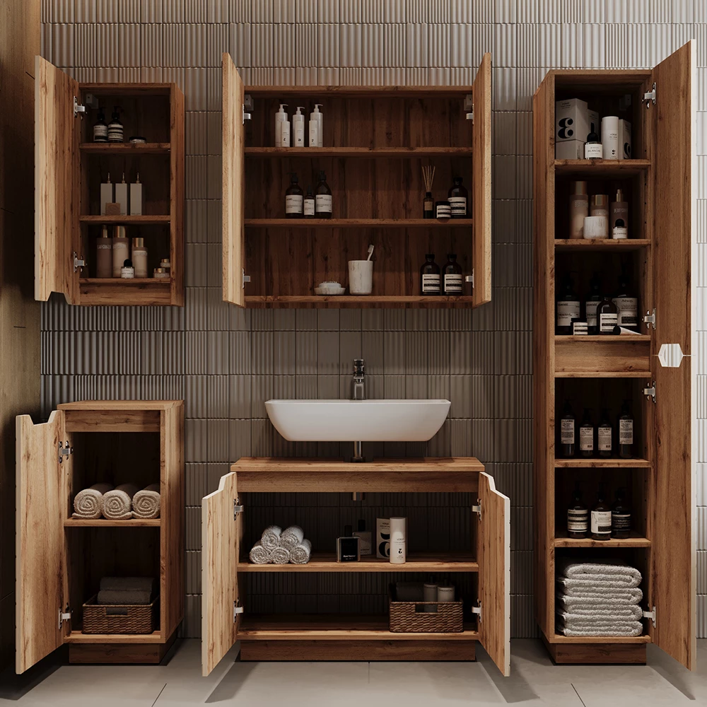 Badkamermeubelset Lotta Eiken/kasjmier met tegelstructuur 3 delen Vicco