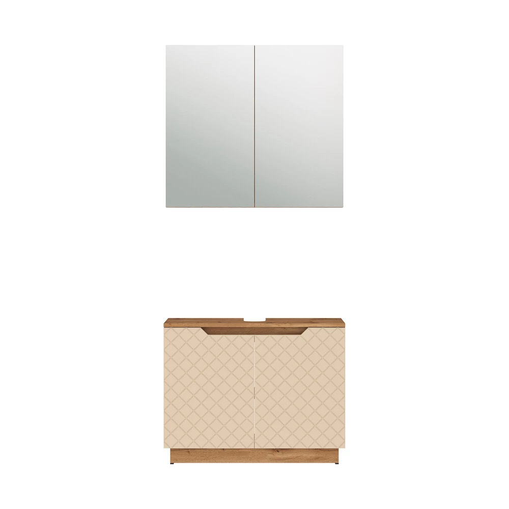 Badkamermeubelset in Eiken/kasjmier met tegelstructuur on white background