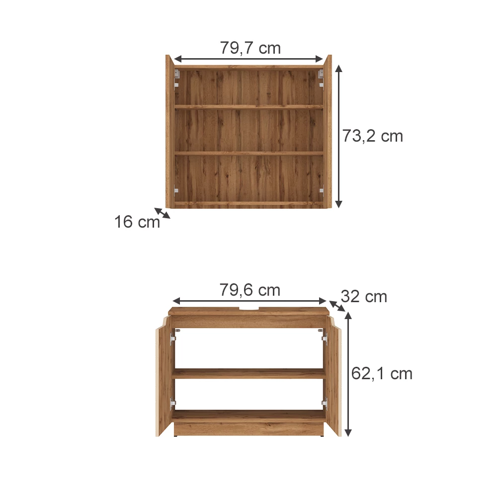 Badkamermeubelset in Eiken/kasjmier met tegelstructuur on white background with visible dimensions