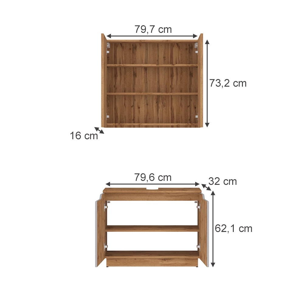 Badkamermeubelset in Eiken/grijs met tegelstructuur on white background with visible dimensions
