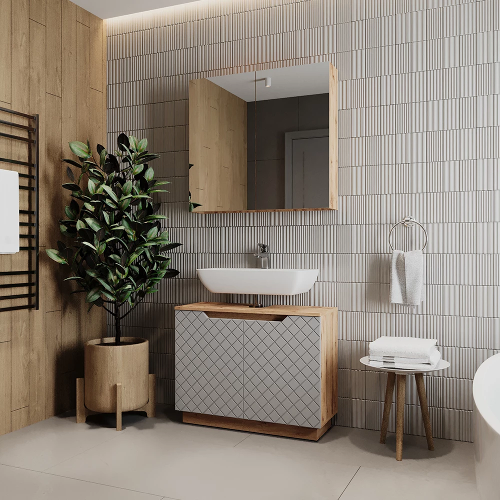 Close-up of Badkamermeubelset in Eiken/grijs met tegelstructuur, showing design and surface details