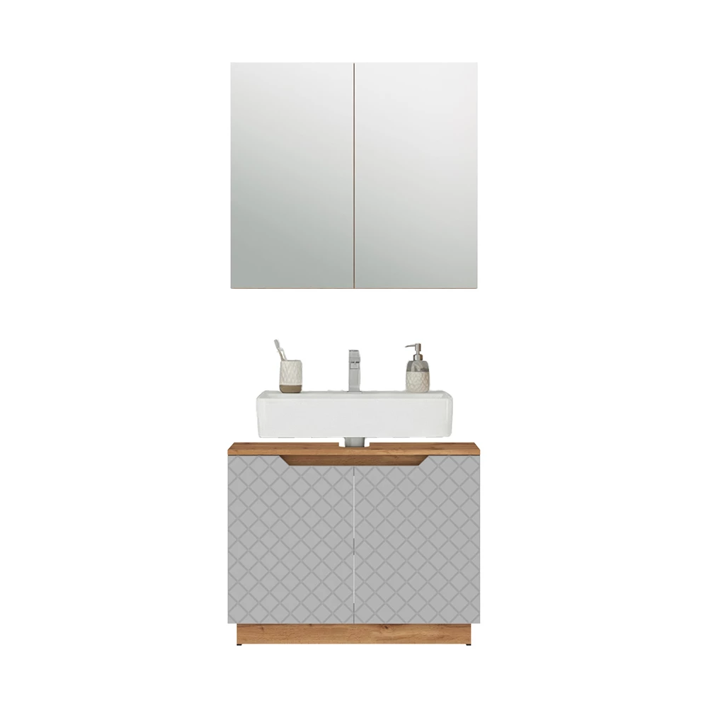 Badkamermeubelset in Eiken/grijs met tegelstructuur on white background with decorative elements