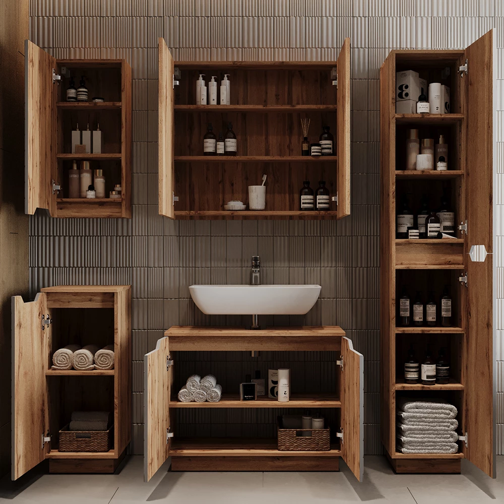 Badkamermeubelset Lotta Eiken/grijs met tegelstructuur 2 delen Vicco