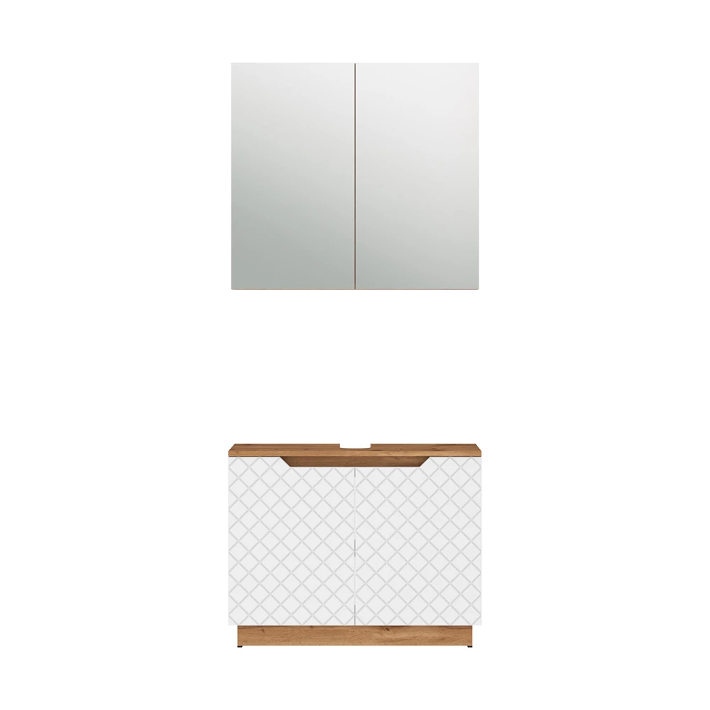 Badkamermeubelset in Eiken/wit met tegelstructuur on white background