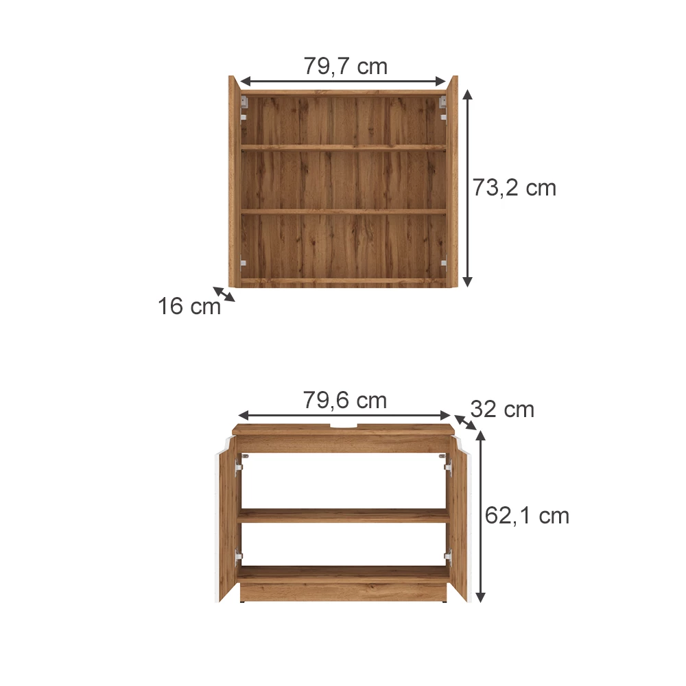 Badkamermeubelset in Eiken/wit met tegelstructuur on white background with visible dimensions