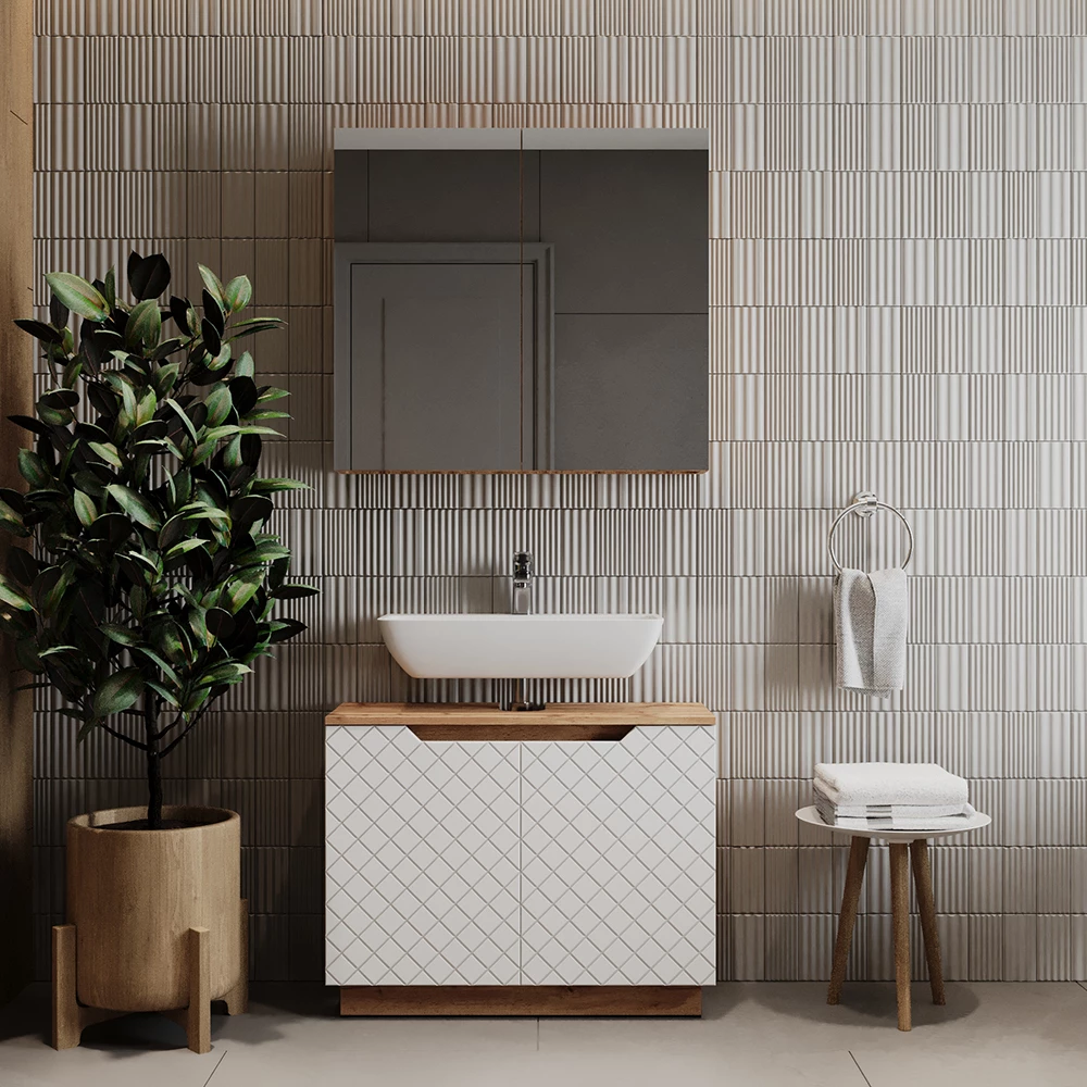 Badkamermeubelset in Eiken/wit met tegelstructuur shown in ambient setting with decoration