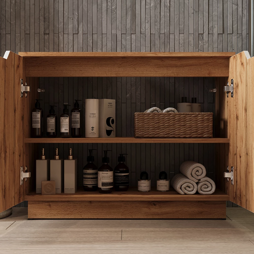 Nahaufnahme von Waschbeckenunterschrank in Weiß, zeigt Textur/Details