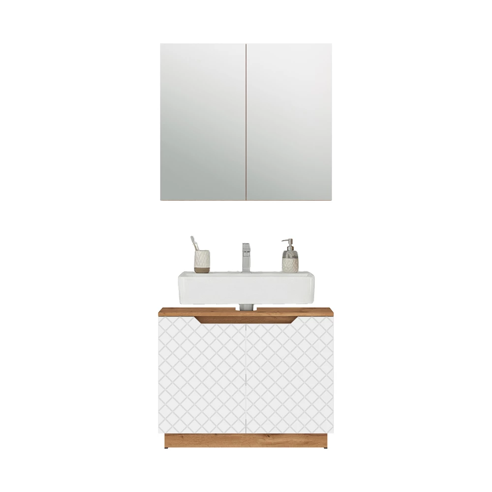 Badkamermeubelset in Eiken/wit met tegelstructuur on white background with decorative elements