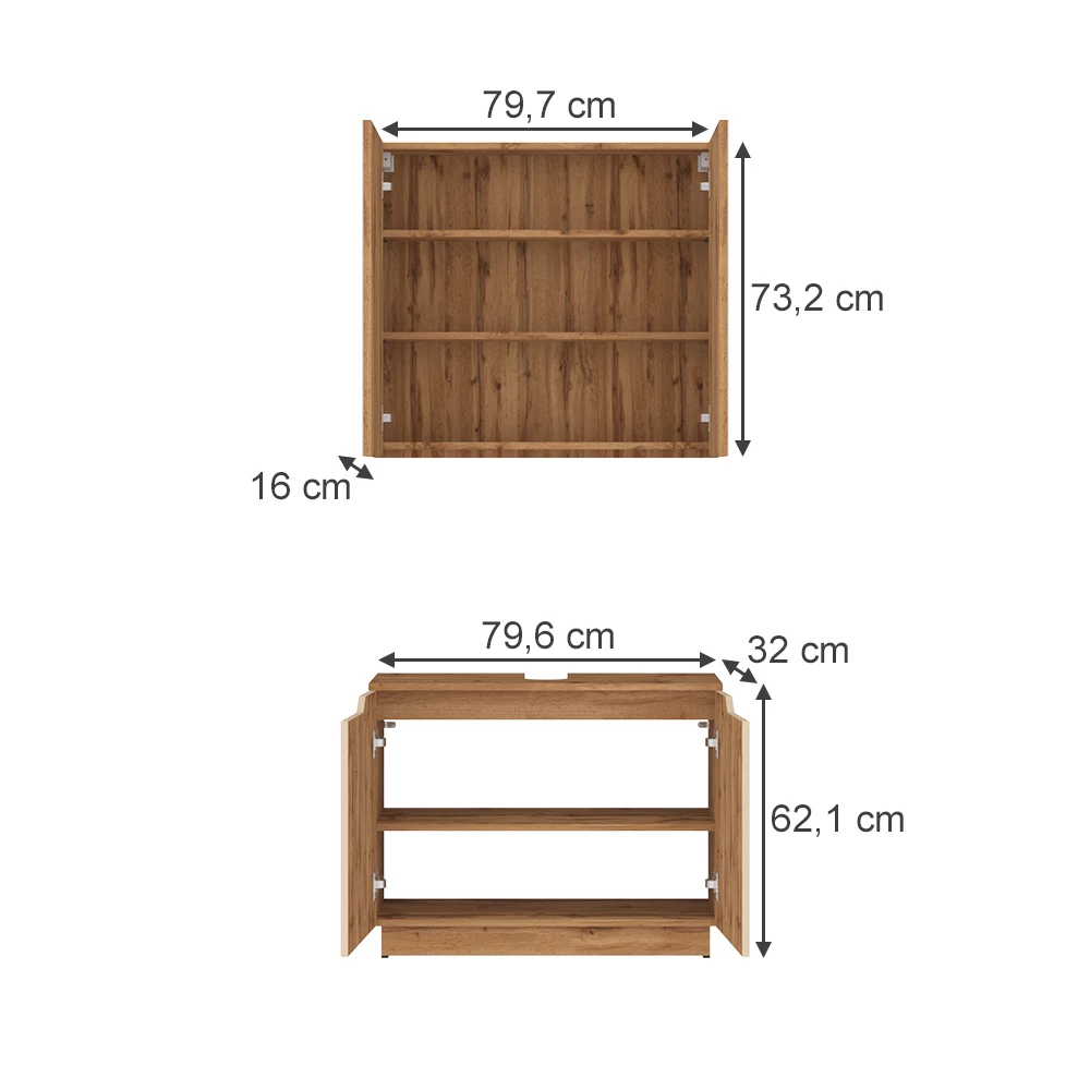 Badmöbel-Set in Eiche/Kaschmir gestreift auf weißem Hintergrund mit sichtbaren Maßen