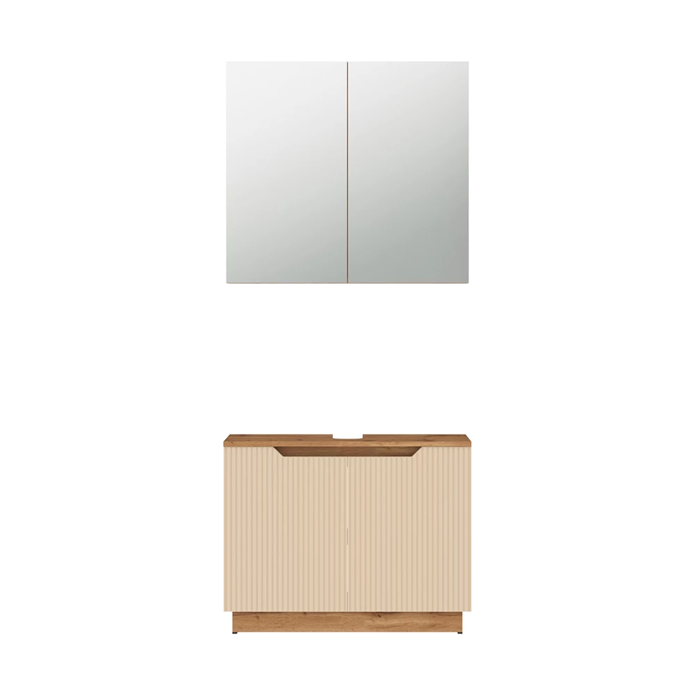 Badmöbel-Set in Eiche/Kaschmir gestreift auf weißem Hintergrund