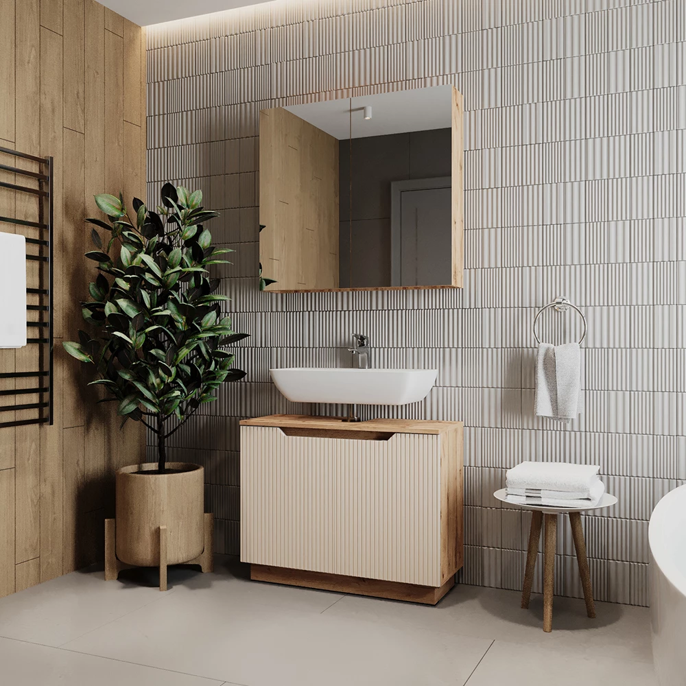 Nahaufnahme von Badmöbel-Set in Eiche/Kaschmir gestreift, zeigt Design- und Oberflächendetails