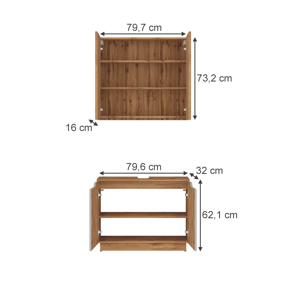 Badkamermeubelset in Eiken/grijs gestreept on white background with visible dimensions