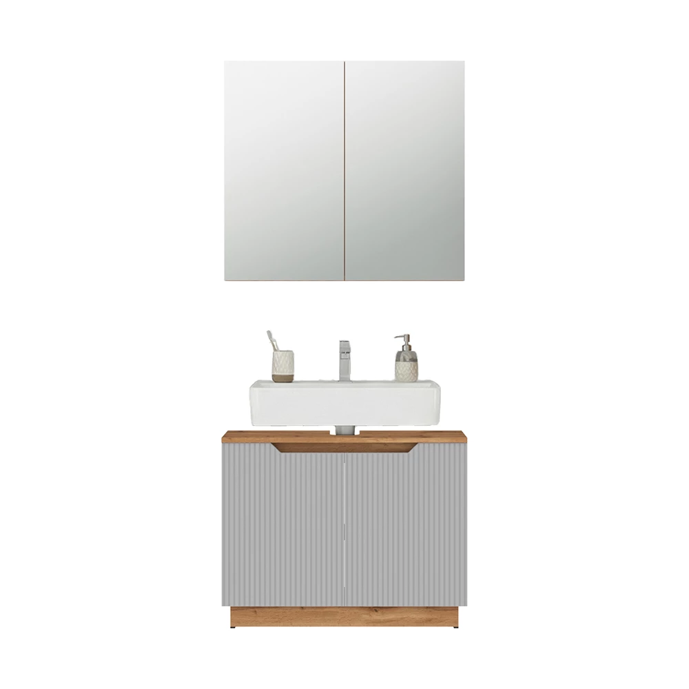 Badkamermeubelset in Eiken/grijs gestreept on white background with decorative elements