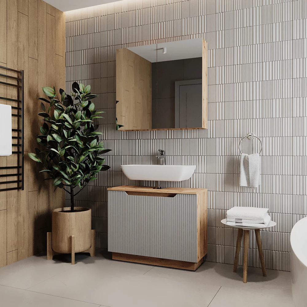 Close-up of Badkamermeubelset in Eiken/grijs gestreept, showing design and surface details