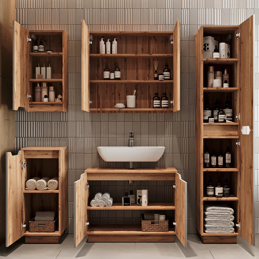 Badkamermeubelset Lotta Eiken/grijs gestreept 2 delen Vicco