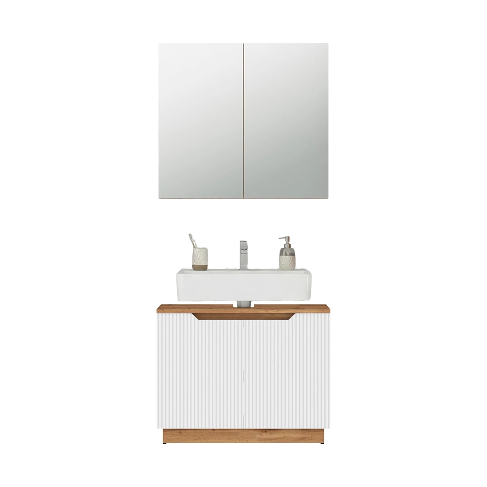 Badmöbel-Set in Eiche/weiß gestreift auf weißem Hintergrund mit dekorativen Elementen