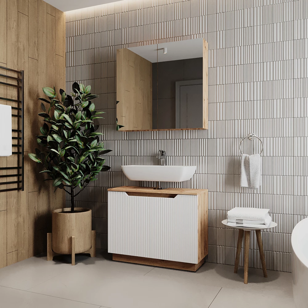 Nahaufnahme von Badmöbel-Set in Eiche/weiß gestreift, zeigt Design- und Oberflächendetails