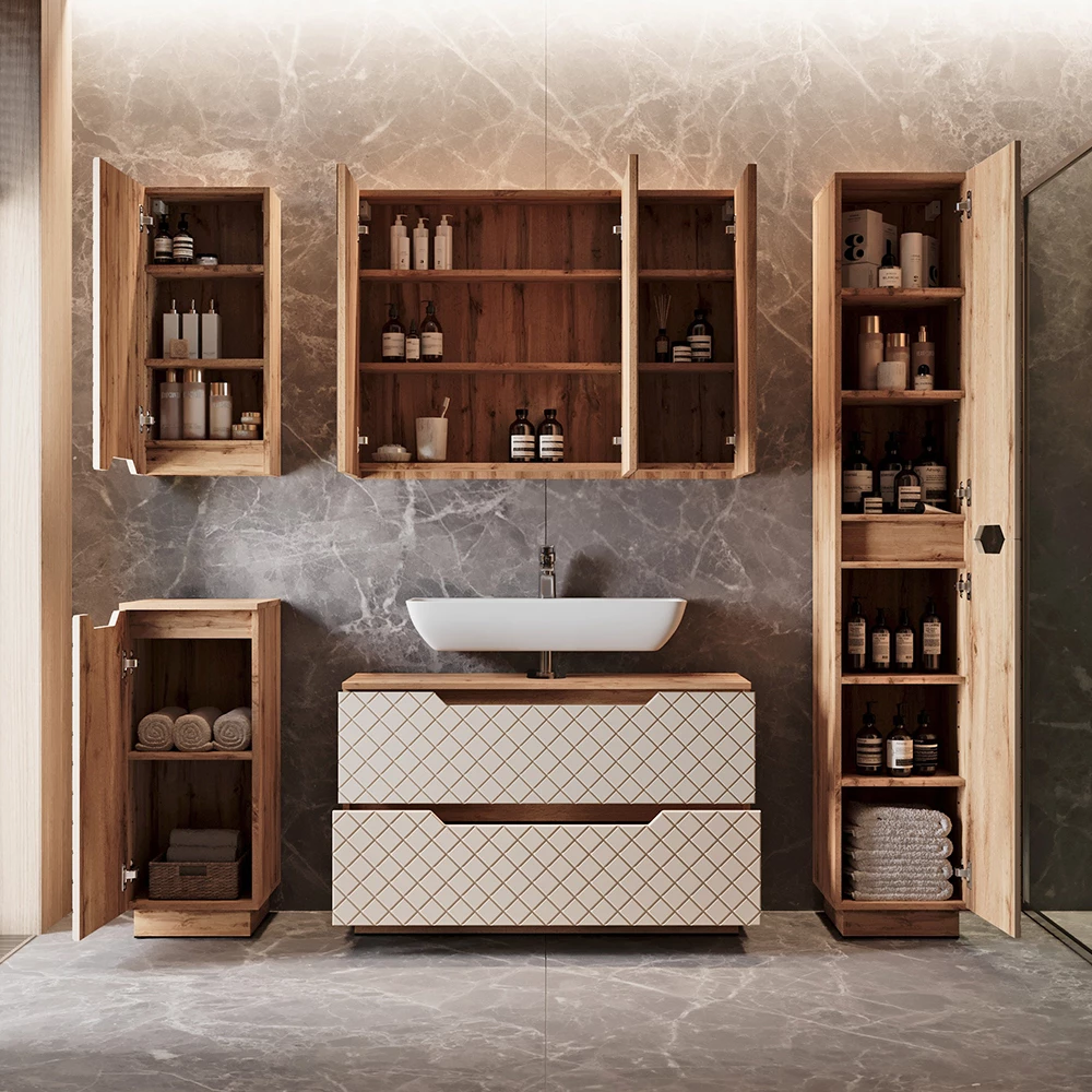 Wastafelonderkast Lotta Eiken/kasjmier met tegelstructuur 99.4 x 62.5 cm met 2 laden Vicco