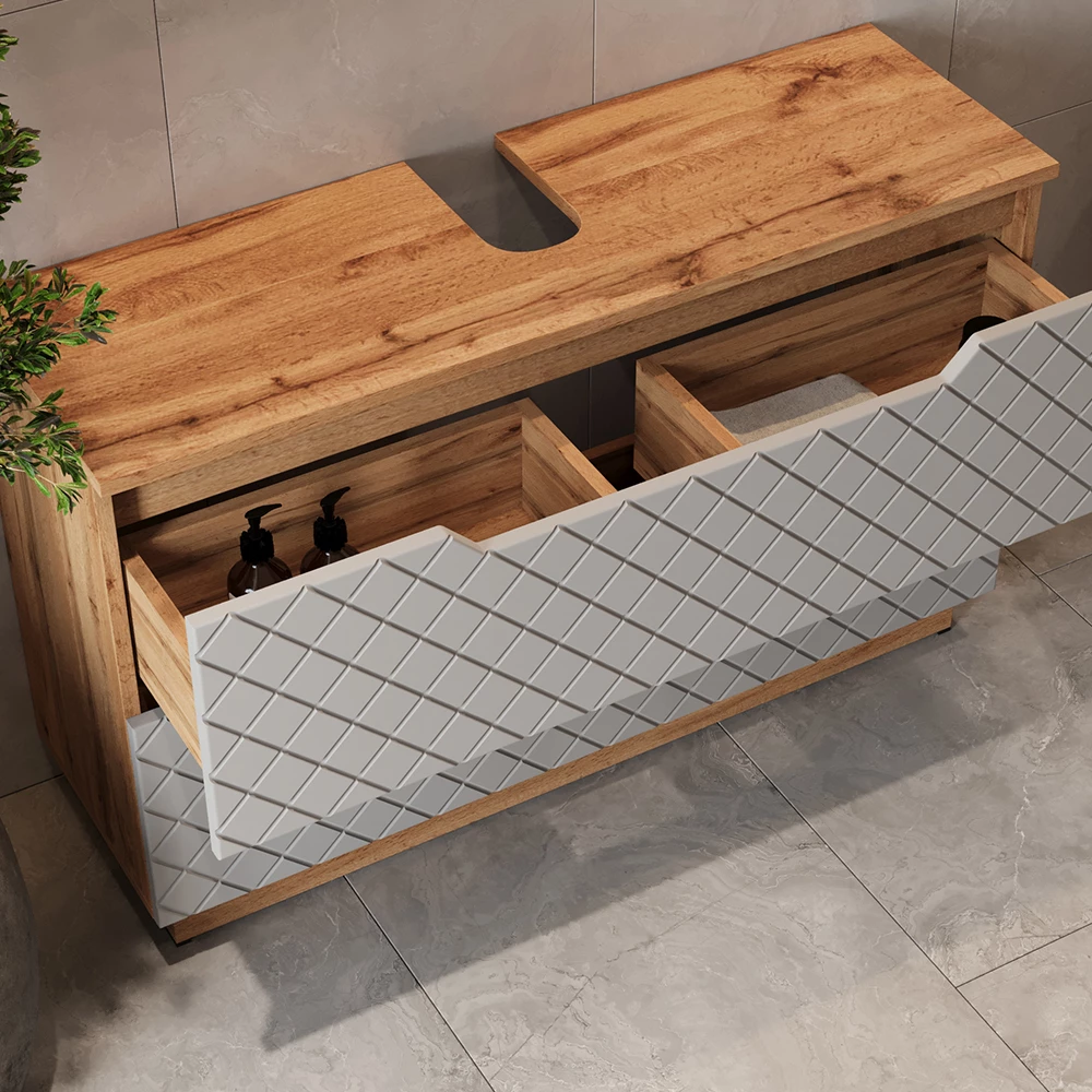 Nahaufnahme von Waschbeckenunterschrank in Grau, zeigt Textur/Details