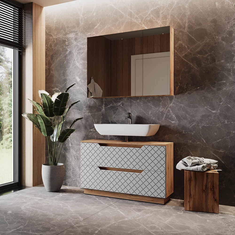 Nahaufnahme von Badmöbel-Set in Eiche/Grau mit Kachelstruktur, zeigt Design- und Oberflächendetails