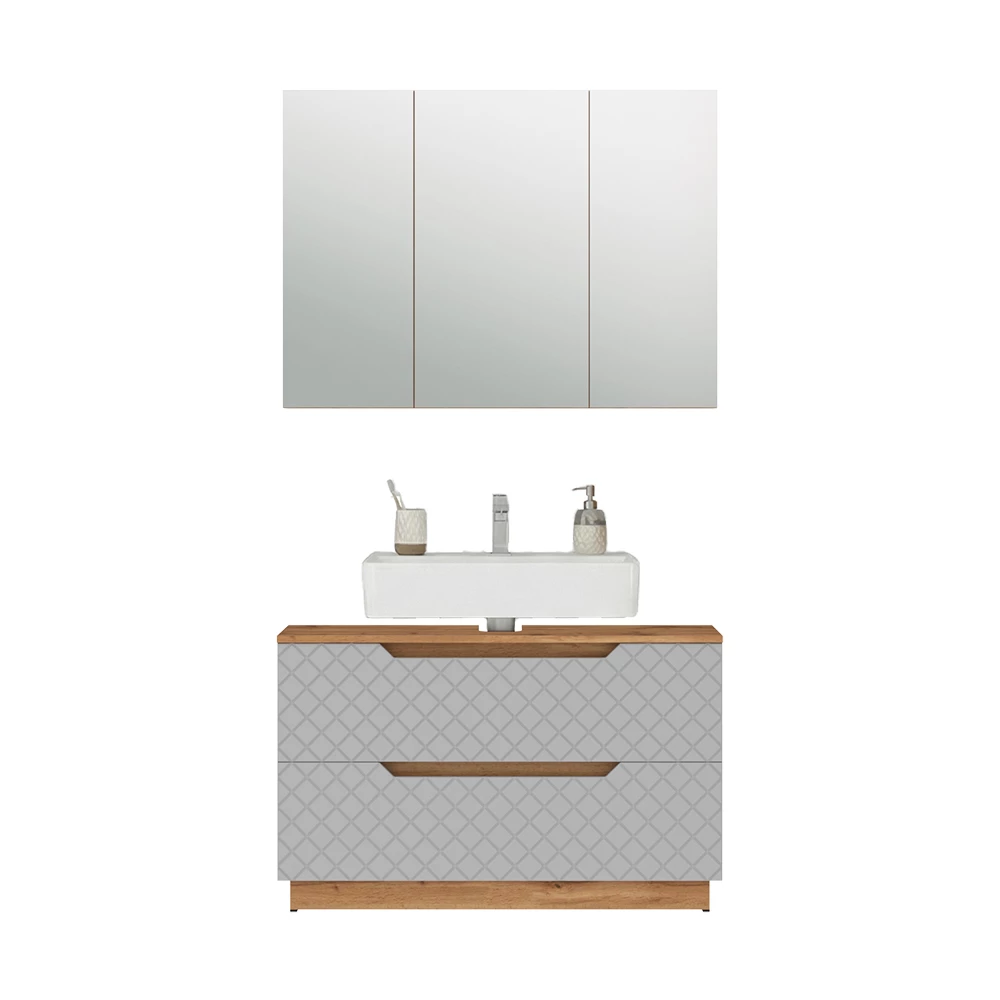 Badmöbel-Set in Eiche/Grau mit Kachelstruktur auf weißem Hintergrund mit dekorativen Elementen