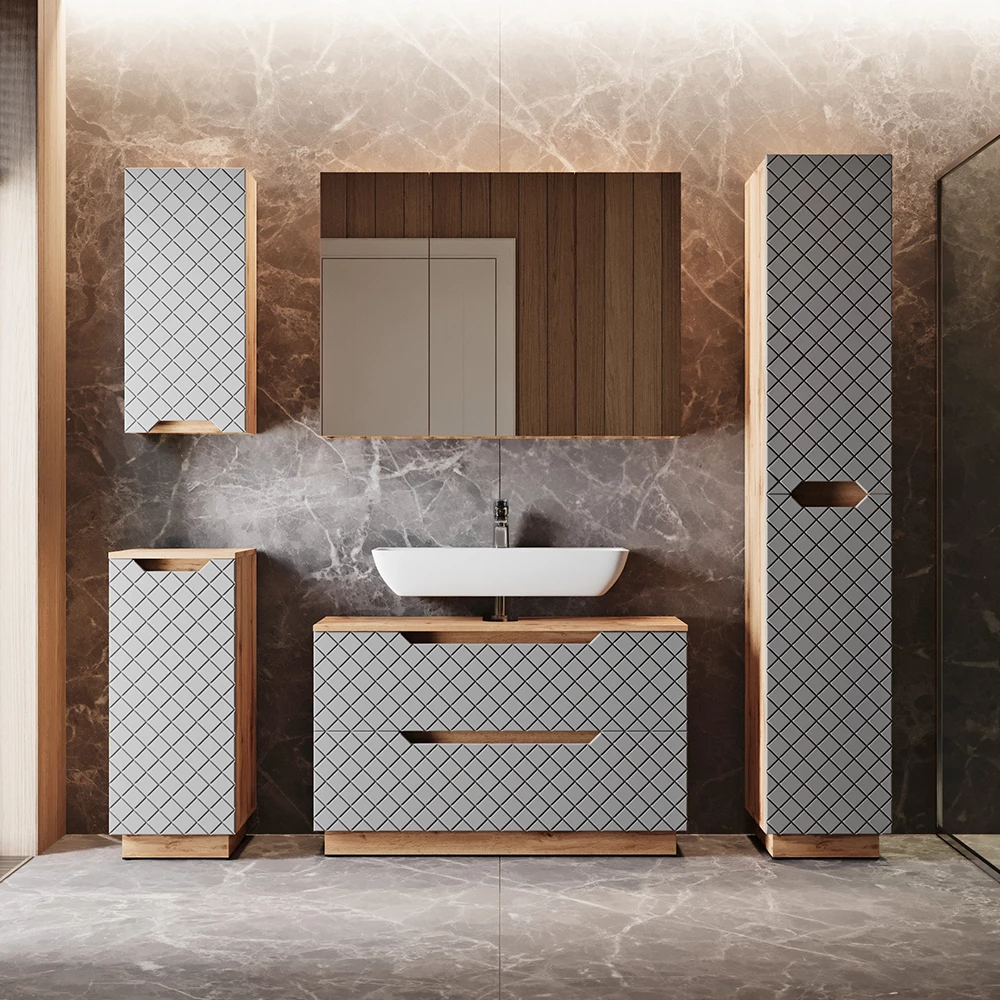 Waschbeckenunterschrank Lotta Eiche/Grau mit Kachelstruktur 99.4 x 62.5 cm mit 2 Schubladen Vicco