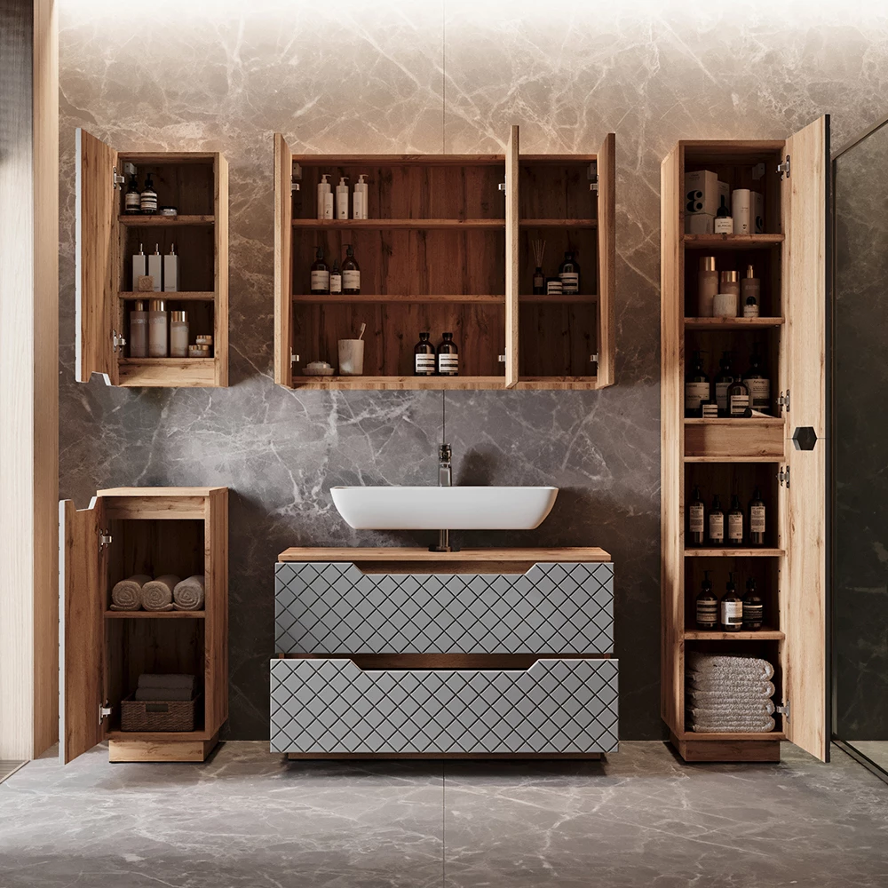 Waschbeckenunterschrank Lotta Eiche/Grau mit Kachelstruktur 99.4 x 62.5 cm mit 2 Schubladen Vicco