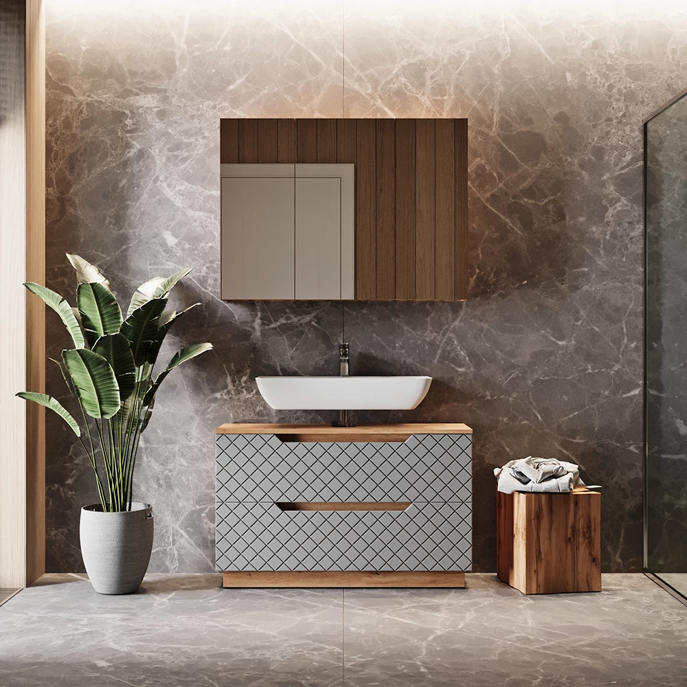 Badmöbel-Set in Eiche/Grau mit Kachelstruktur, dargestellt im Ambiente mit Dekoration