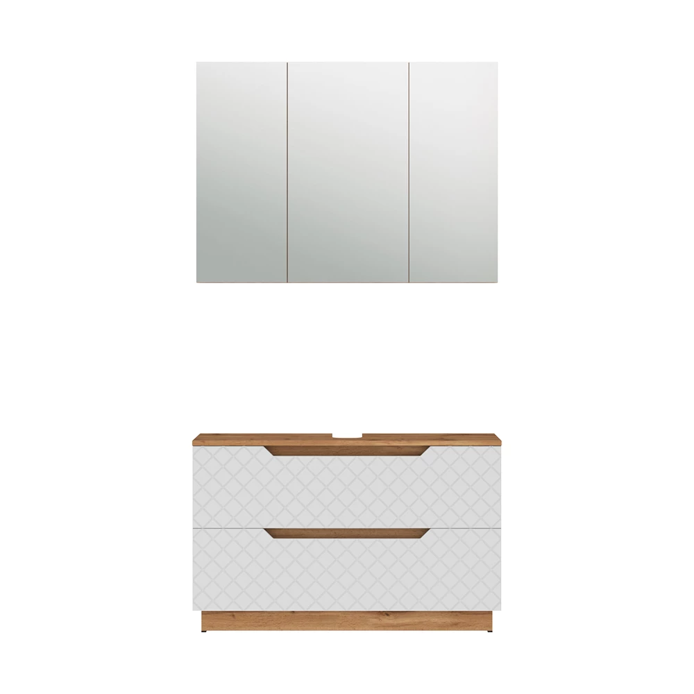 Badkamermeubelset in Eiken/wit met tegelstructuur on white background