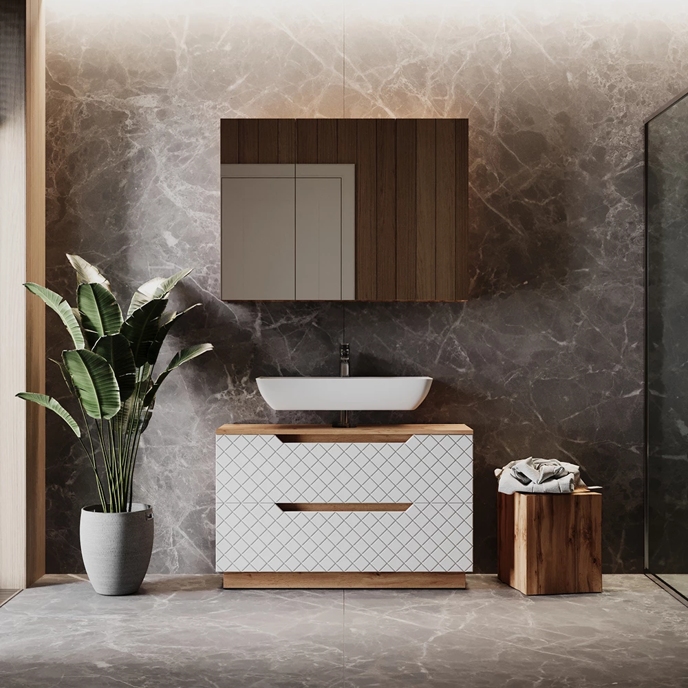 Badkamermeubelset in Eiken/wit met tegelstructuur shown in ambient setting with decoration