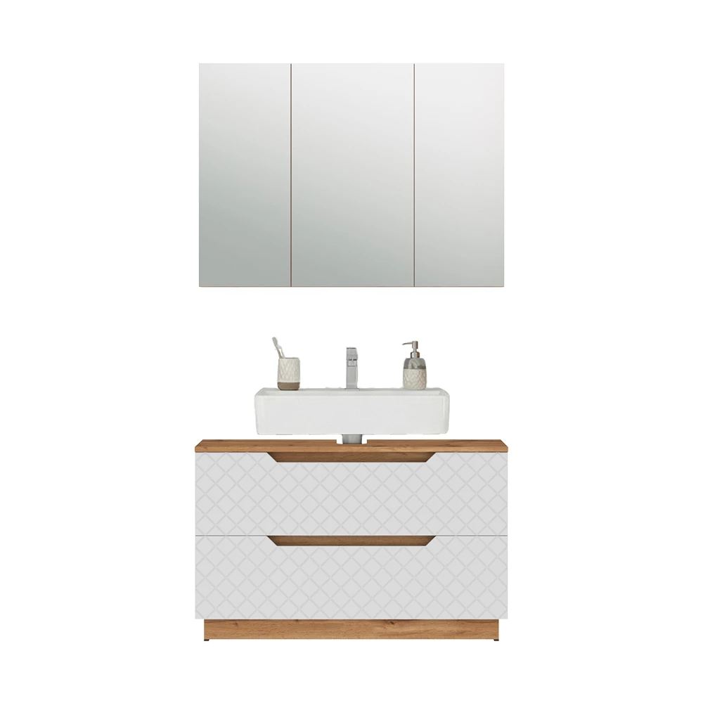 Badkamermeubelset in Eiken/wit met tegelstructuur on white background with decorative elements